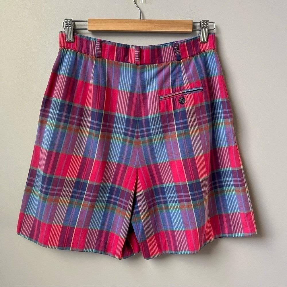 Vintage Talbots Shorts Women's Small Plaid Red Blue Preppy Coastal Cotton Pleats - Picture 2 of 12